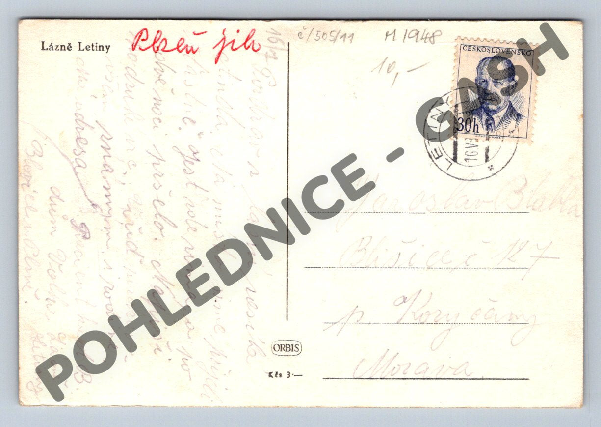 Pohlednice Lázně Letiny (M1948)