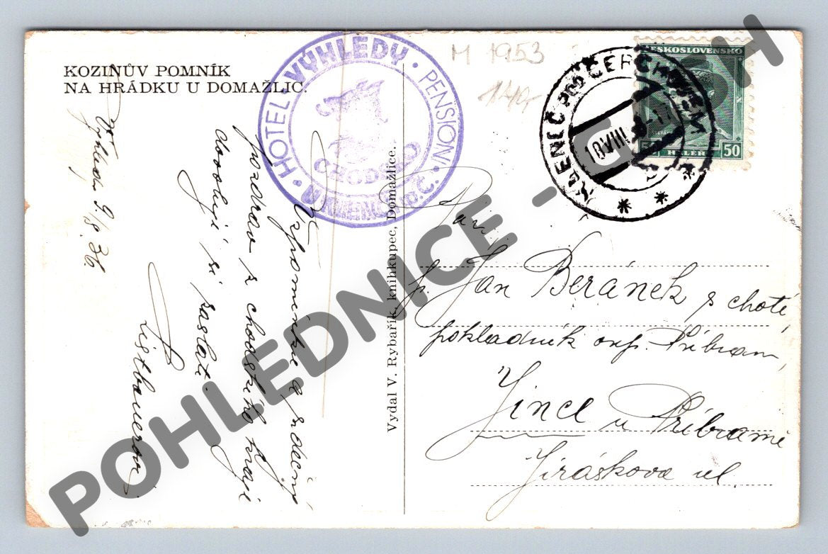 Pohlednice Hrádek u Domažlic Kozinův pomník raz (M1953)