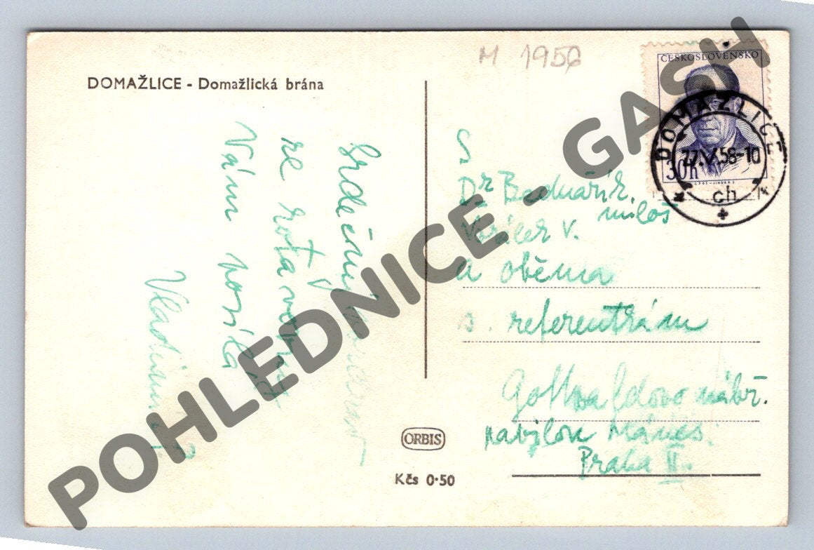 Pohlednice Domažlice Domažlická brána 1950 (M1956)