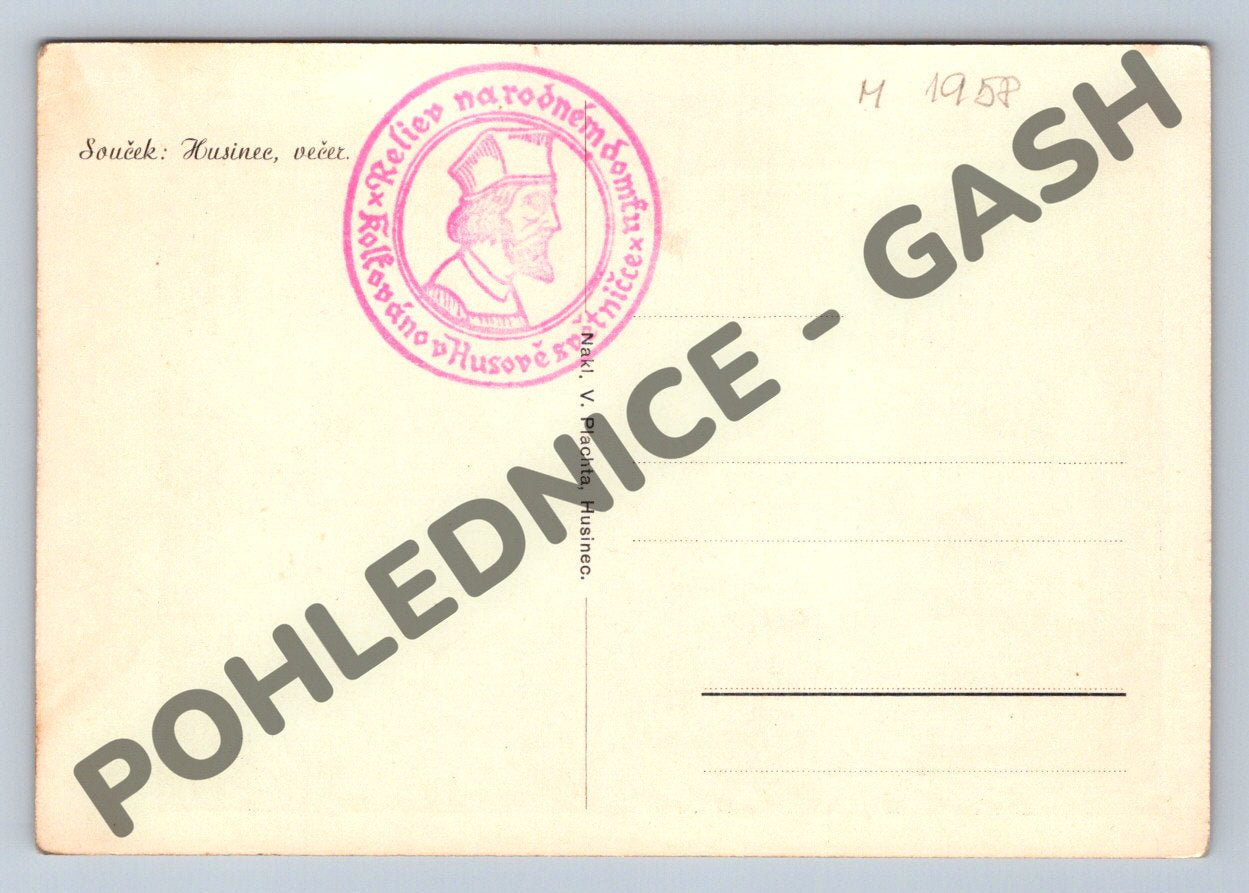 Pohlednice Husinec večer Souček Jan Hus raz 1958 (M1958)