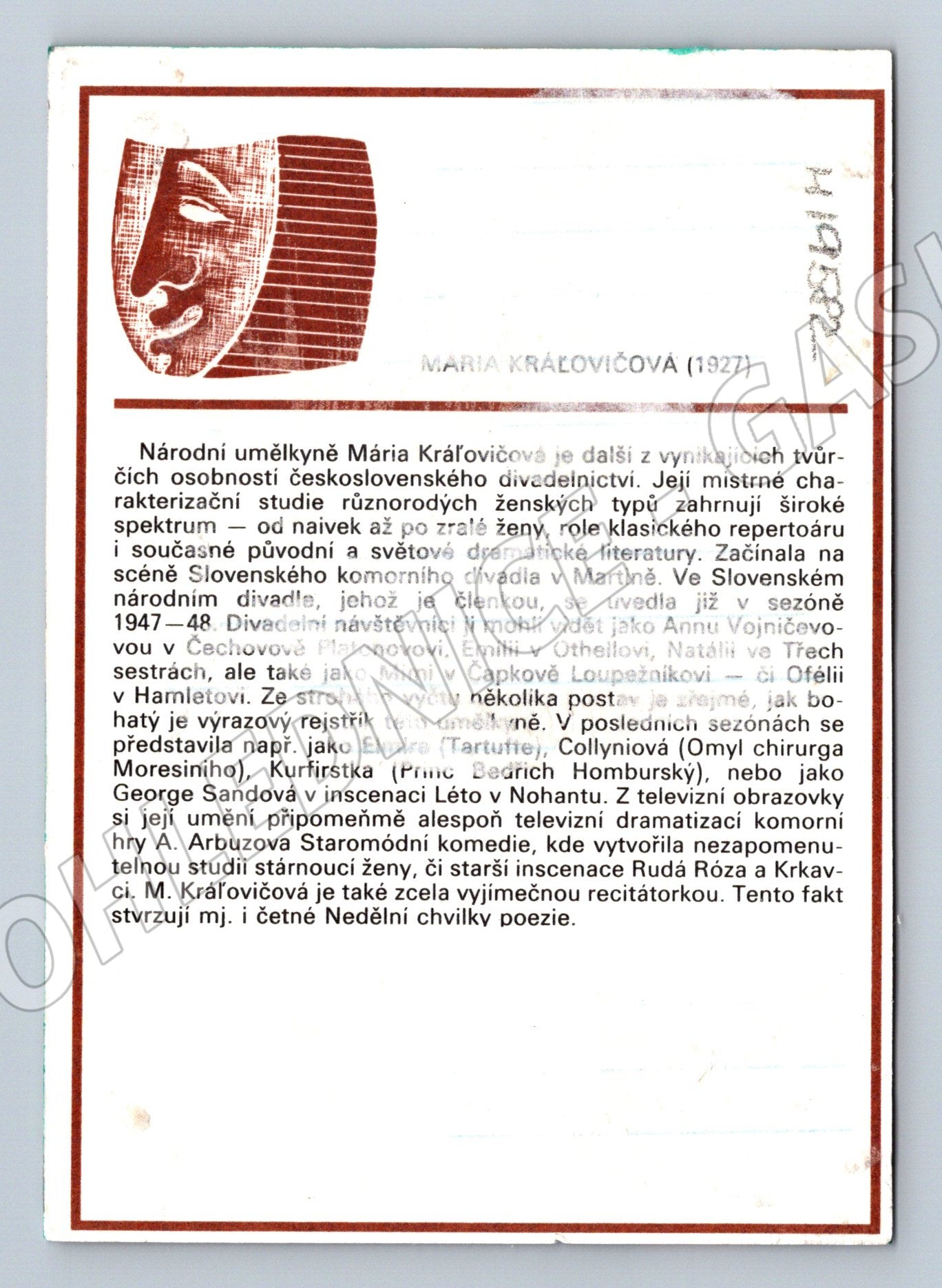 Pohlednice Marie Kráľovičová národní umělkyně herečka (M19582)