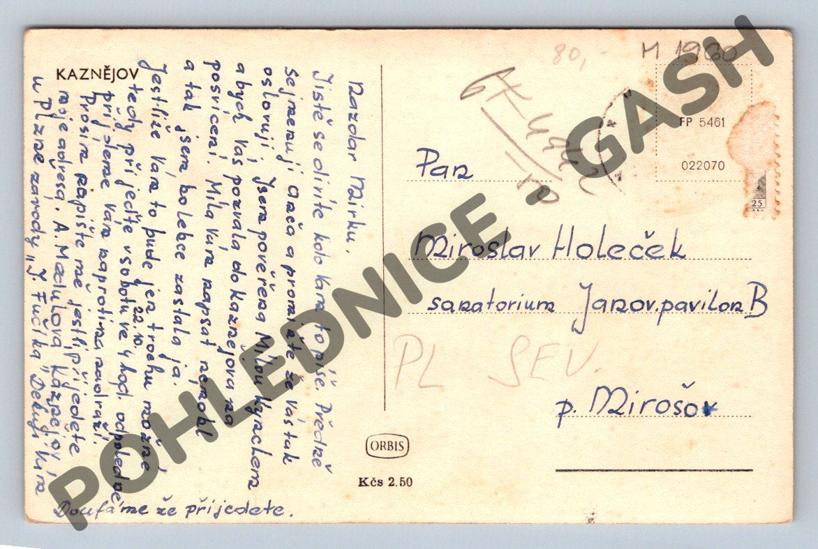 Pohlednice Kaznějov zaslaná 1960 (M1960)