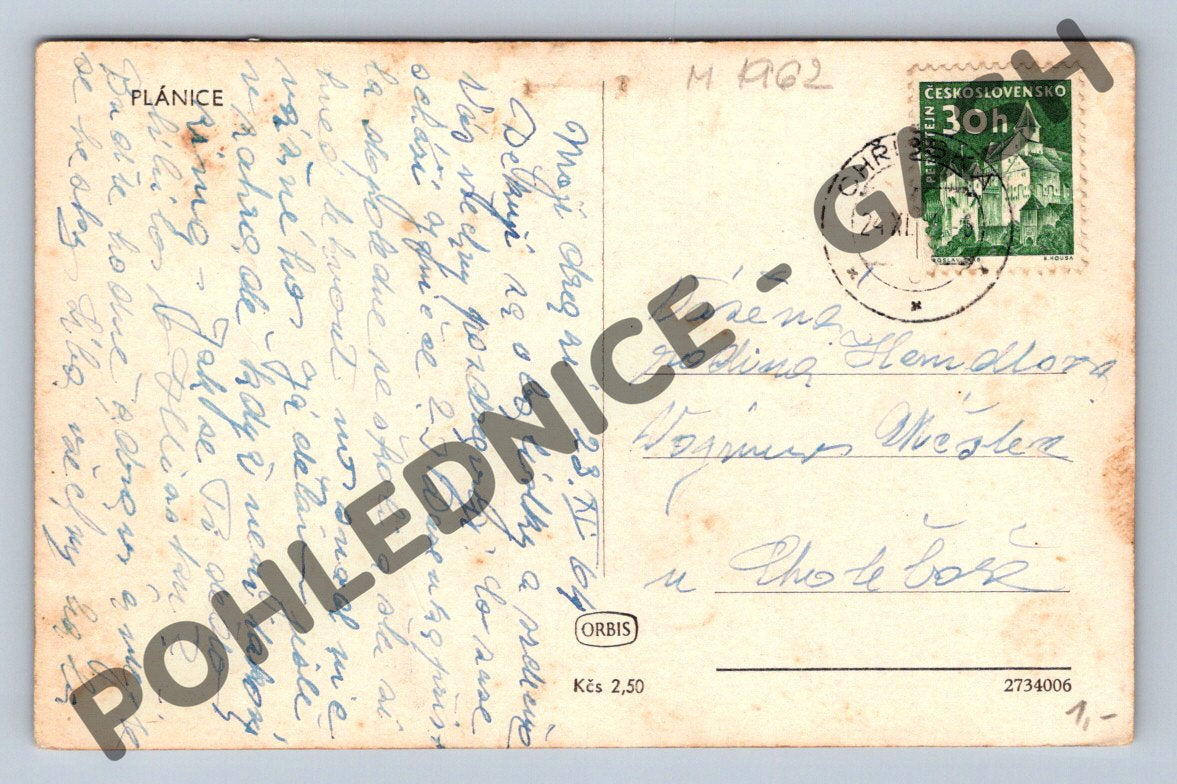 Pohlednice Plánice kostel zámek 1951 (M1962)