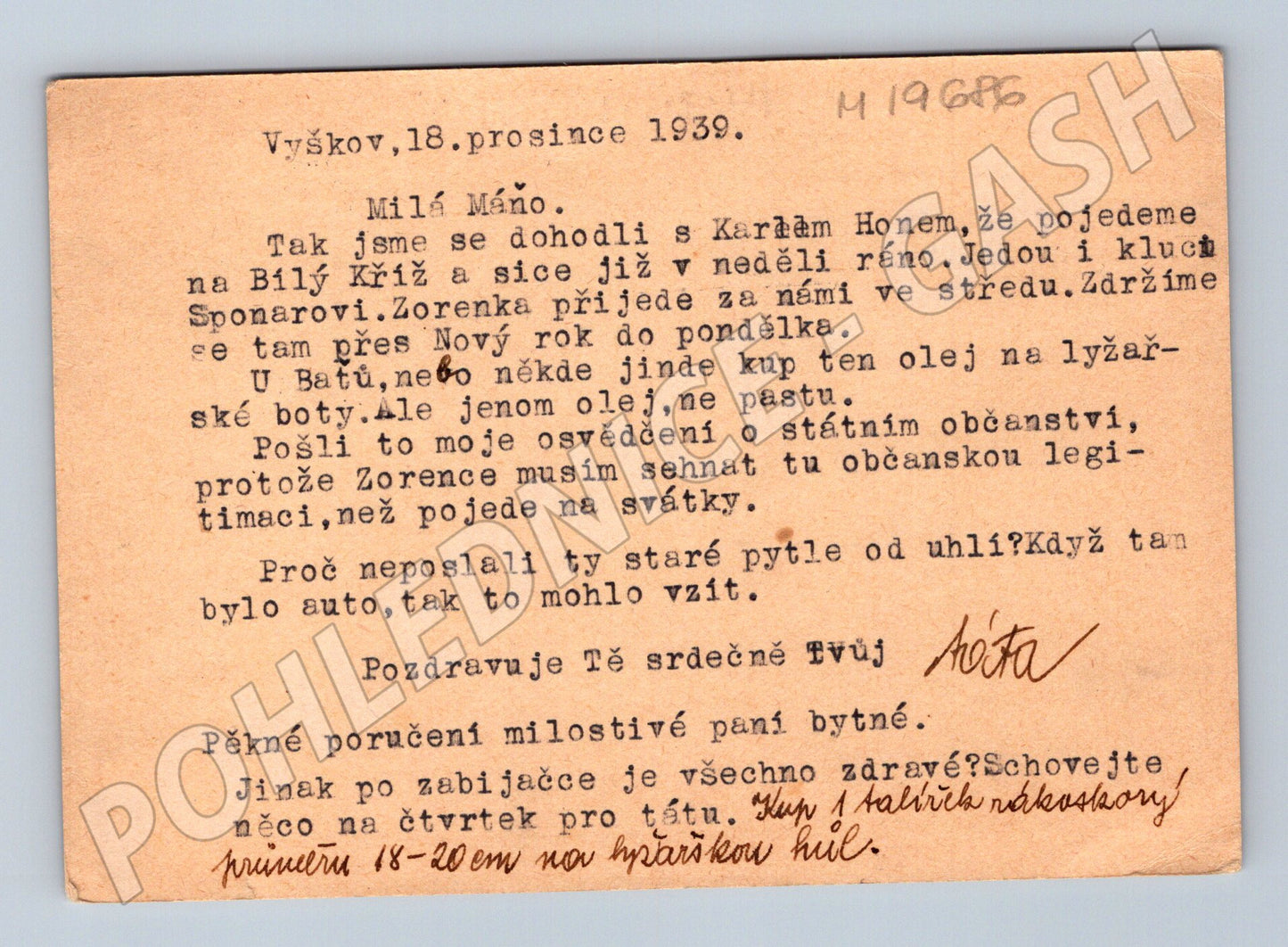 Pohlednice Vyškov odesláno do Brna malý formát (M19686)