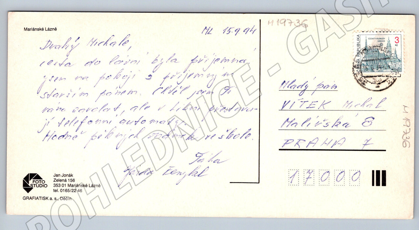 Pohlednice Mariánské Lázně kolonáda známka 1 1994 (M19736)