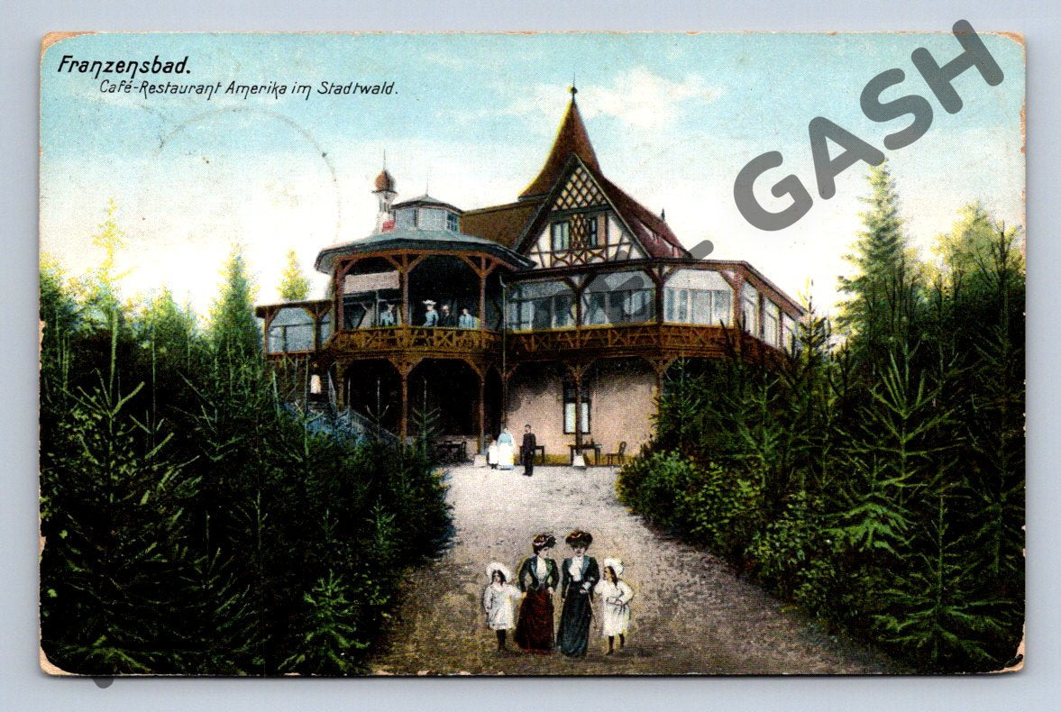 Pohlednice Franzensbad Café Restaurant Amerika městský les 1908(M1981)
