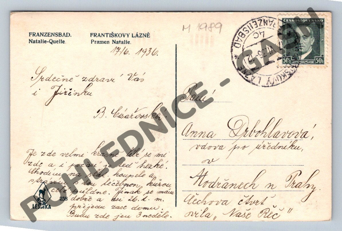 Pohlednice Františkovy Lázně Pramen Natalie 1936 Československo(M1989)