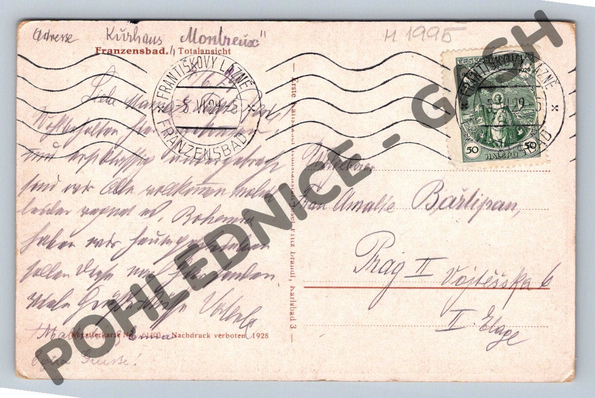 Pohlednice Františkovy Lázně Kirhaus Montreux kolorovaná 1928 (M1995)