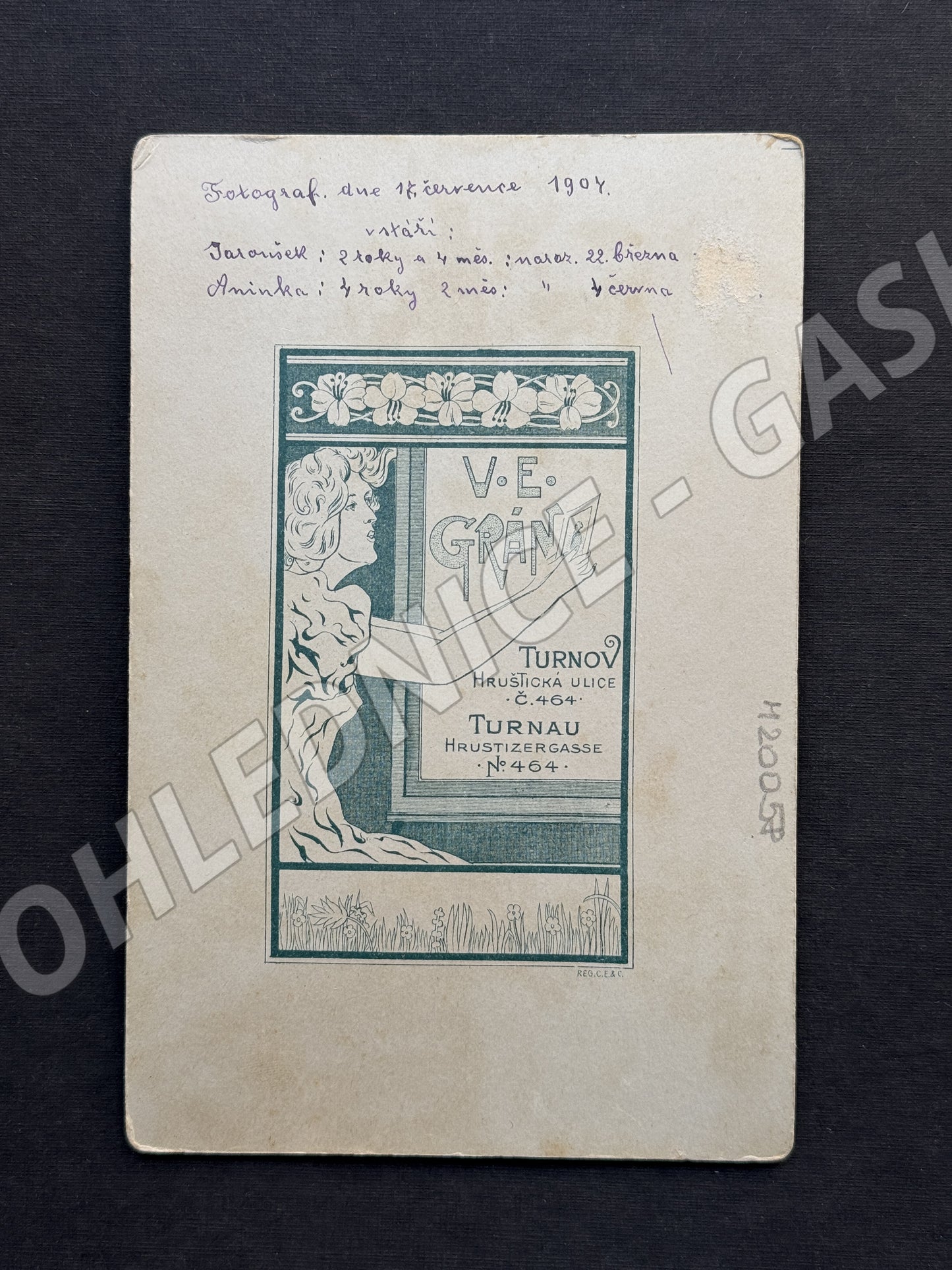 Stará fotografie Turnov dvě děti s kyticí a košíkem 1904 (M20058)