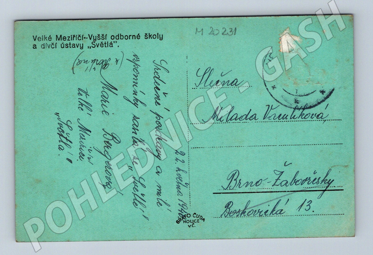 Pohlednice Velké Meziříčí škola Světla 1931 (M20231)