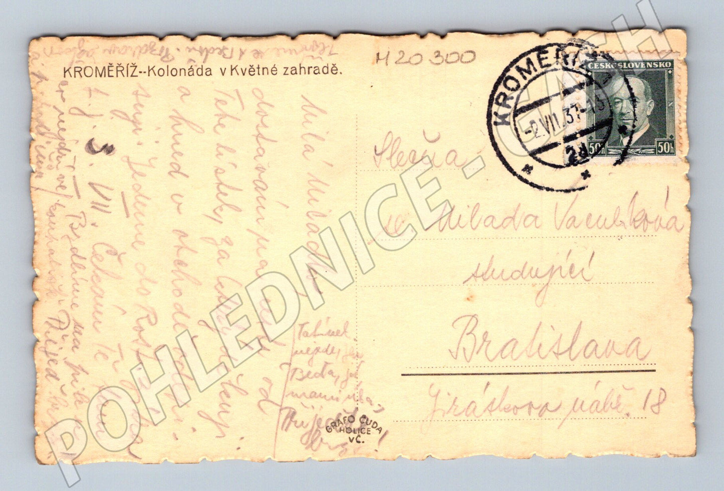 Pohlednice Kroměříž kolonáda Květná zahrada 1937 (M20300)