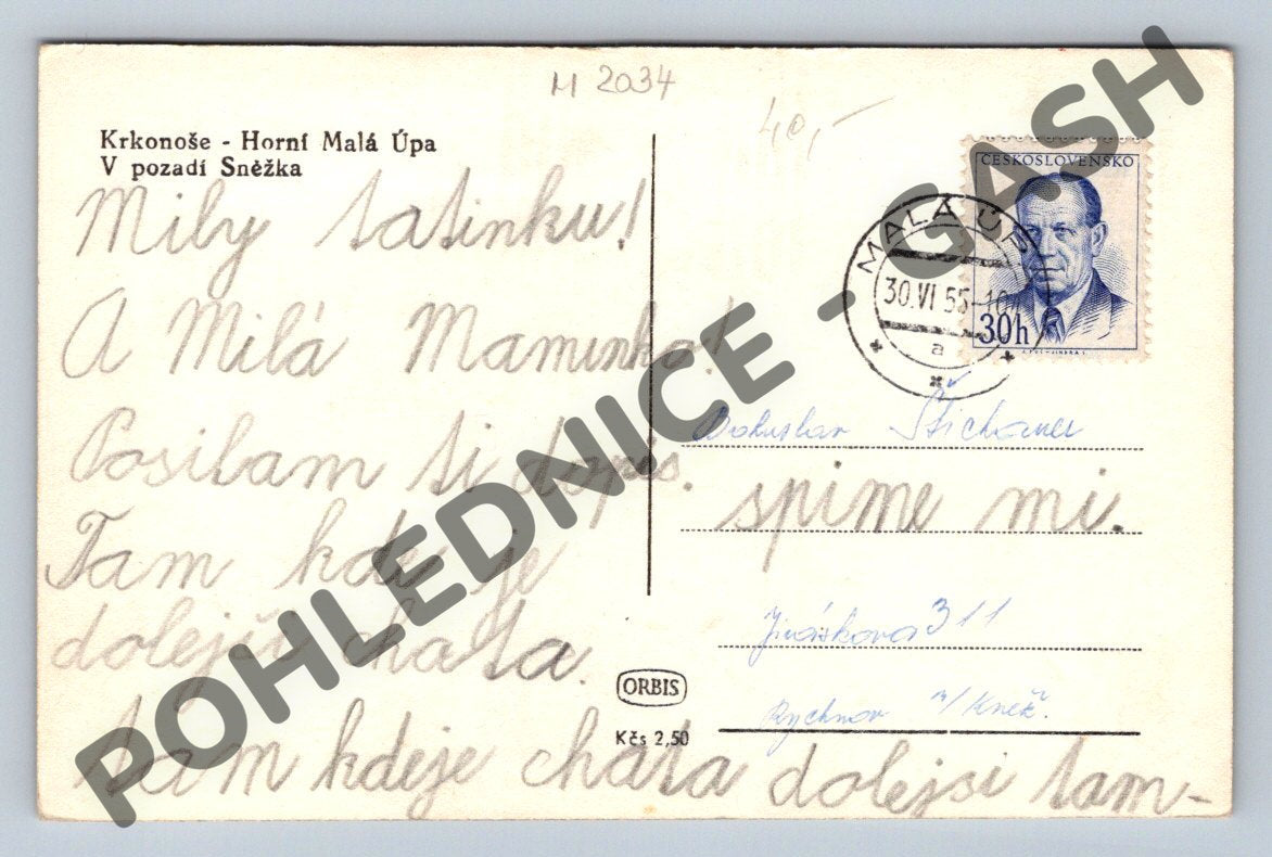 Pohlednice Krkonoše Horní Malá Úpa Sněžka 1955 (M2034)