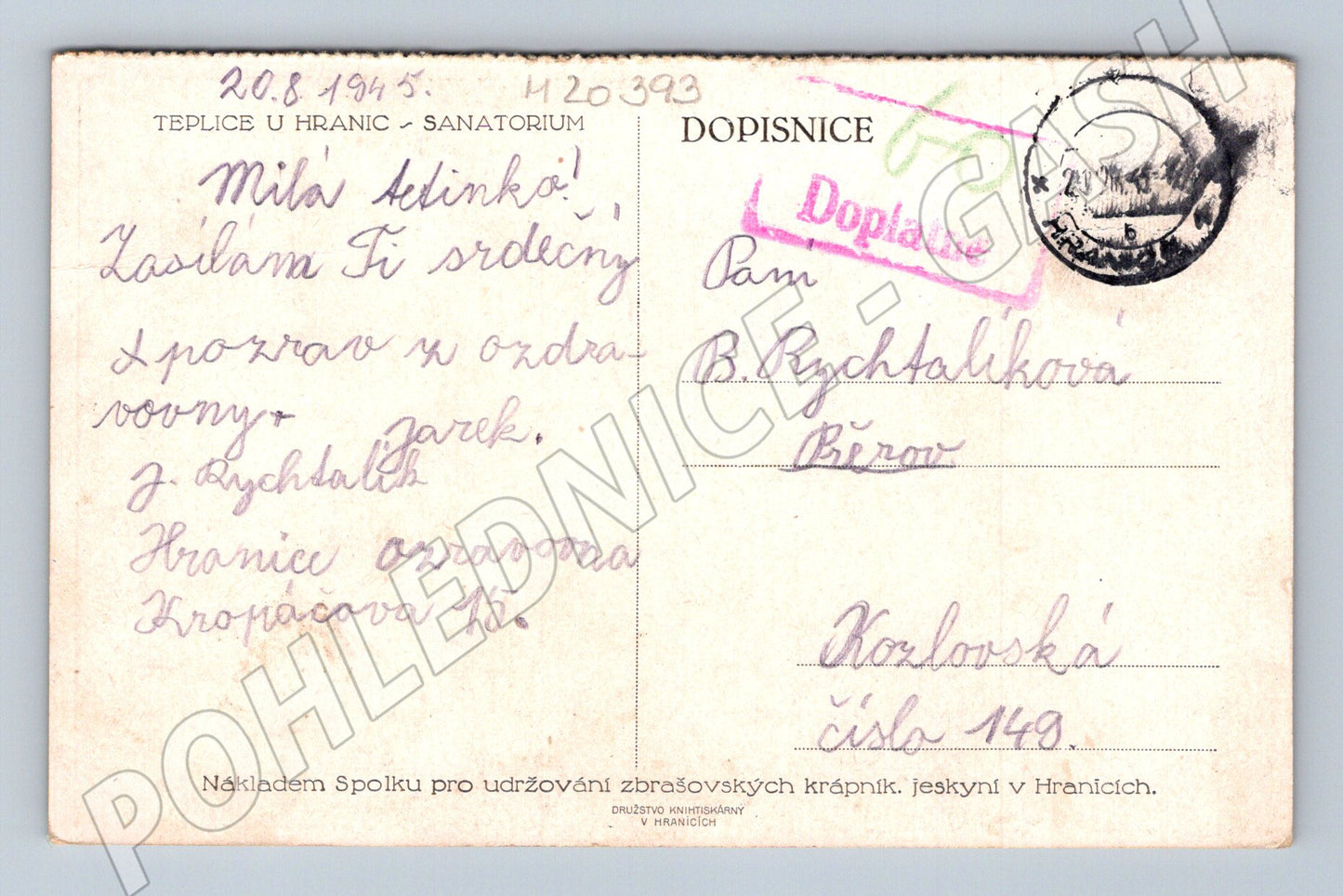 Pohlednice Teplice u Hranic sanatorium 1945 (M20393)