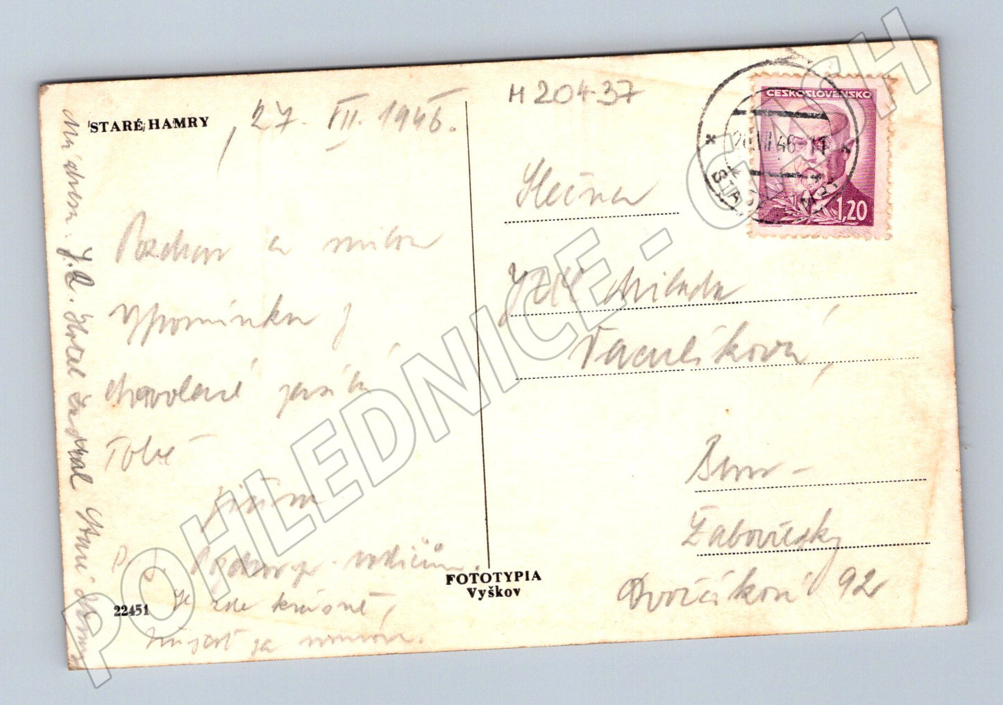 Pohlednice Staré Hamry 1946 Fototypia Vyškov (M20437)