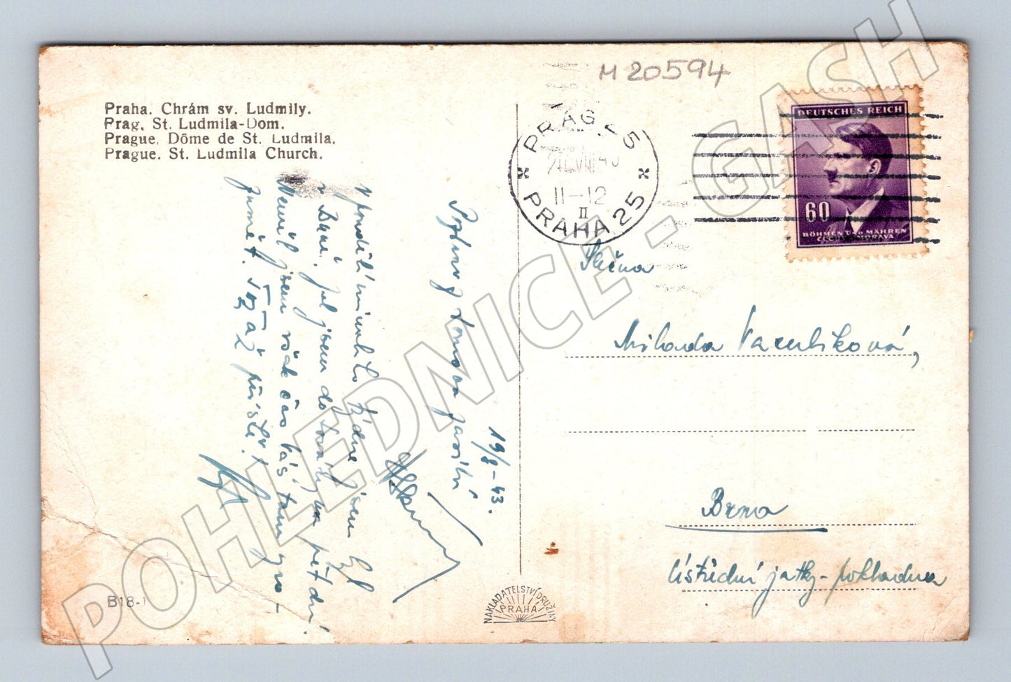 Pohlednice Praha kostel sv Ludmily 1943 (M20594)