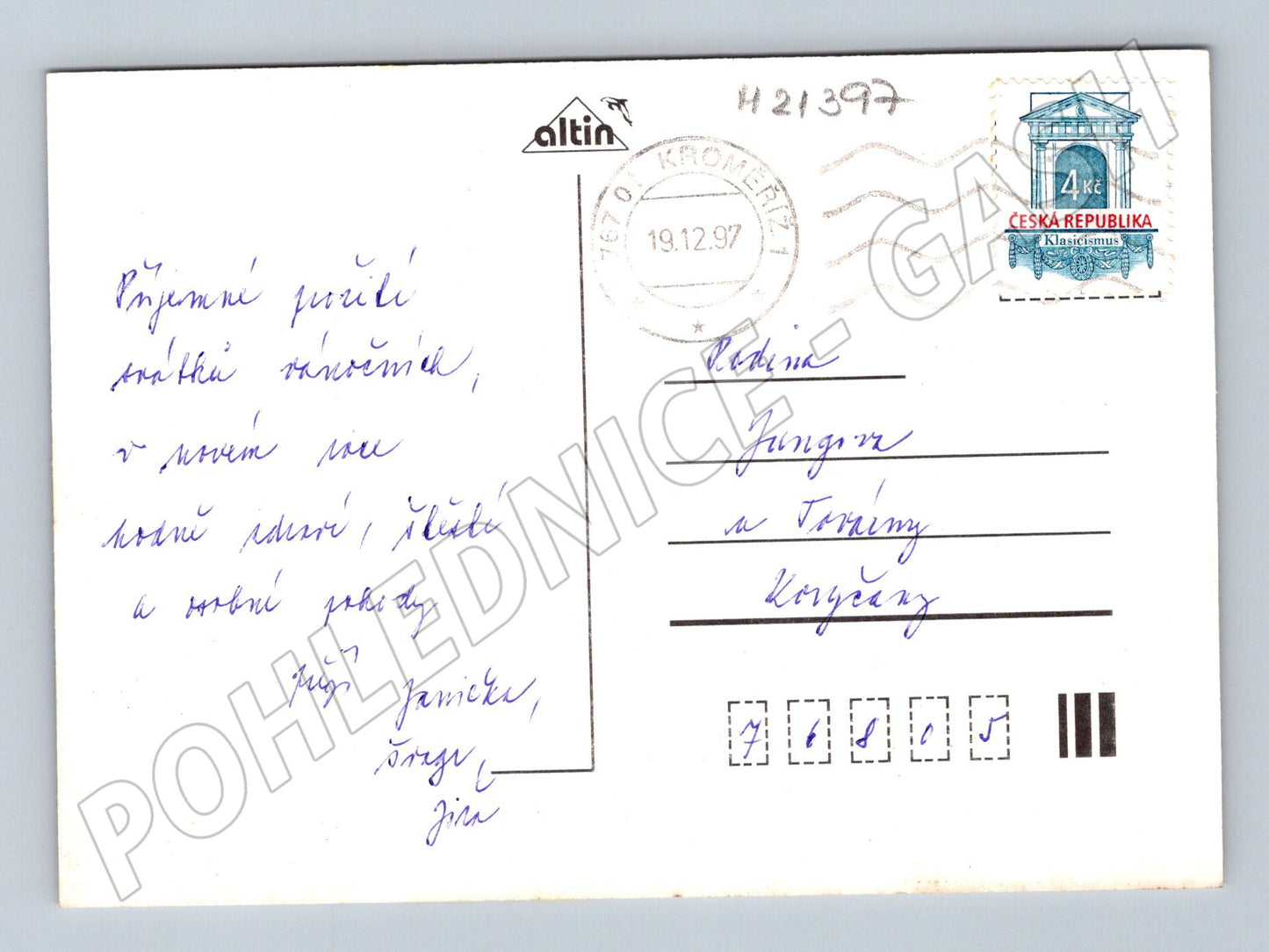 Pohlednice vánoční svíčky květiny zaslaná 1997 (M21397)
