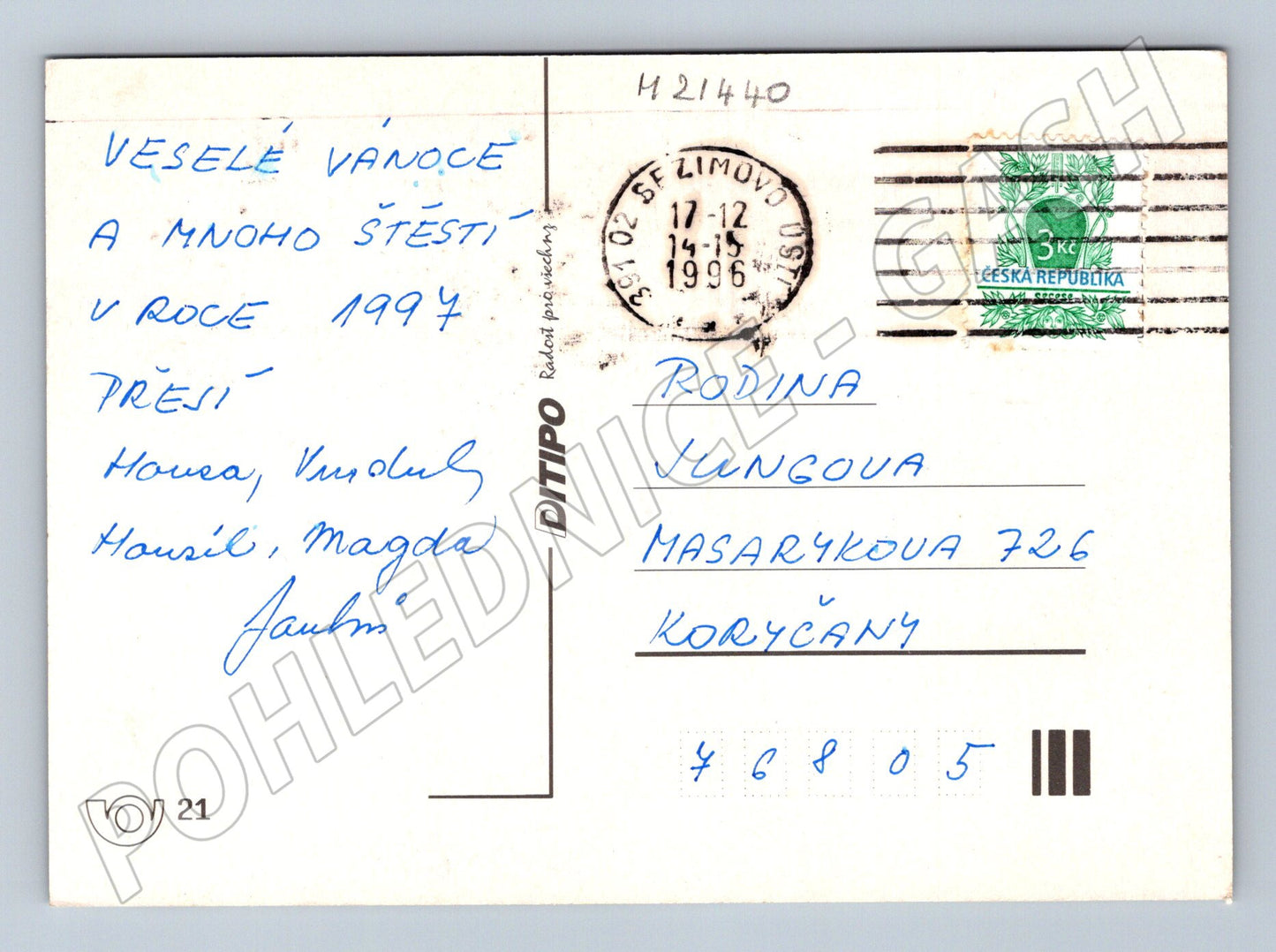 Pohlednice vánoční svíčky ozdoby poslaná 1994 (M21440)