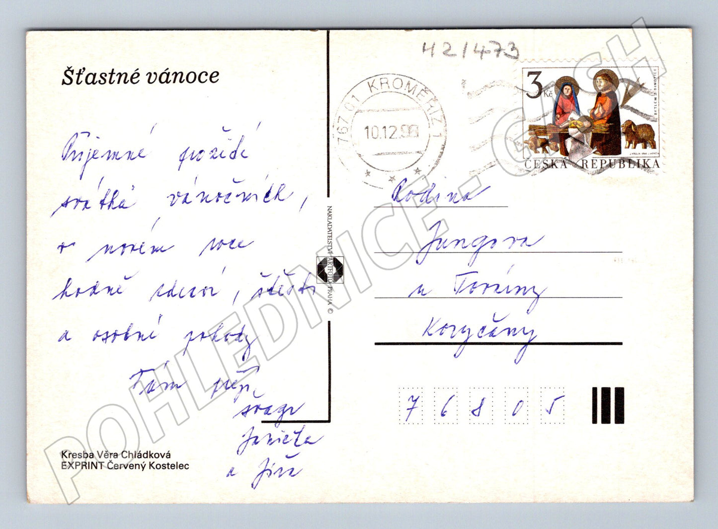 Pohlednice vánoční anděl a kostel Věra Chládková (M21473)
