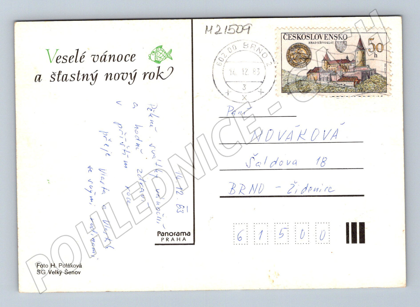 Pohlednice vánoční svícen jmelí ozdoby 1983 (M21509)
