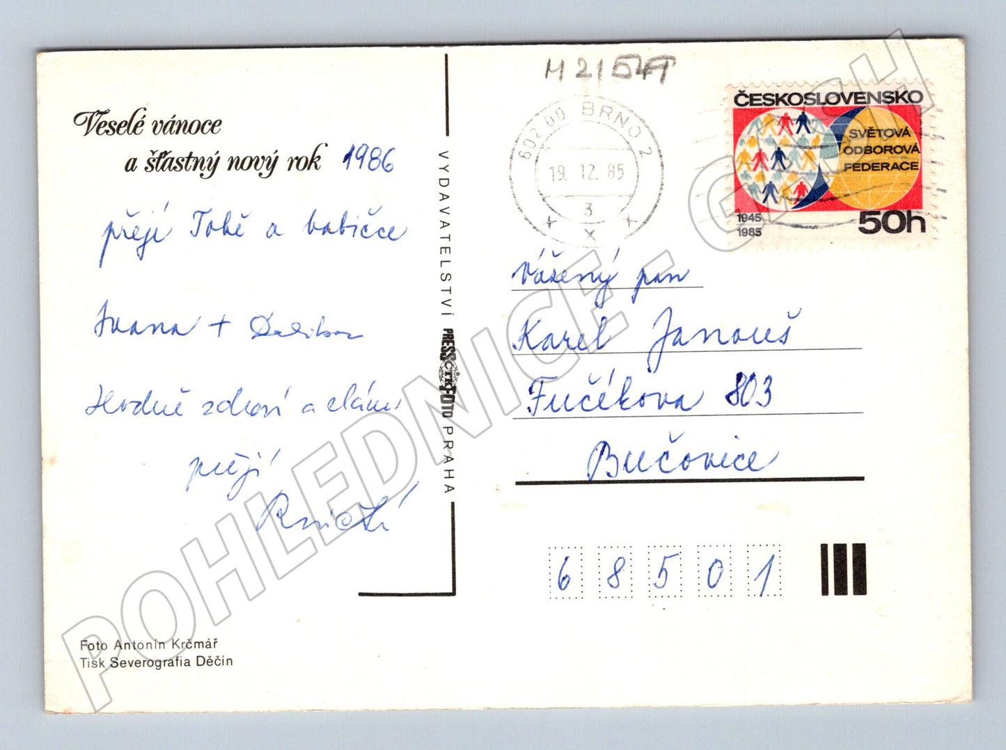 Pohlednice vánoční svíčky ozdoby věnování 1985 (M21549)