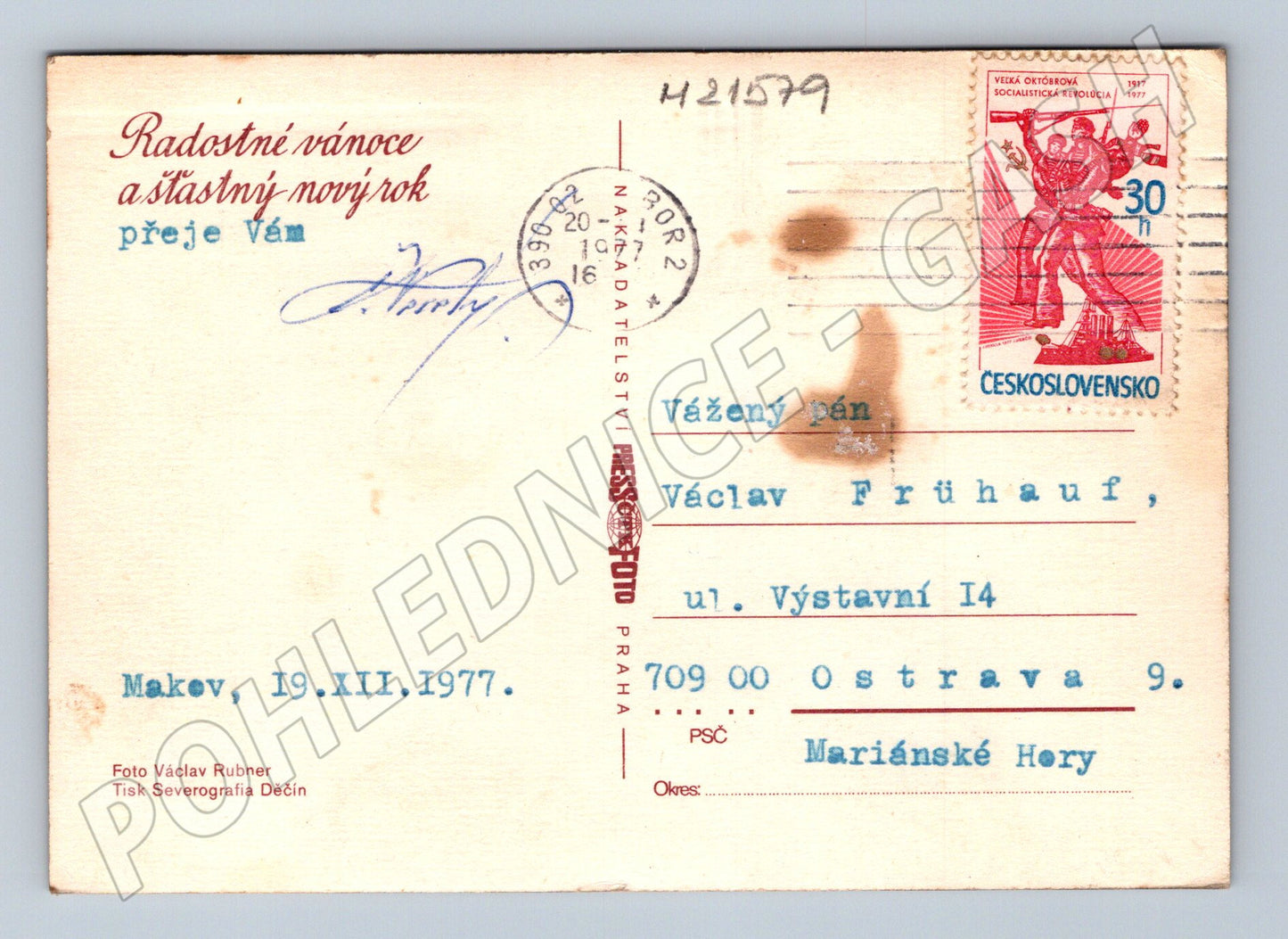 Pohlednice vánoční jablka zimní zátiší 1977 (M21579)