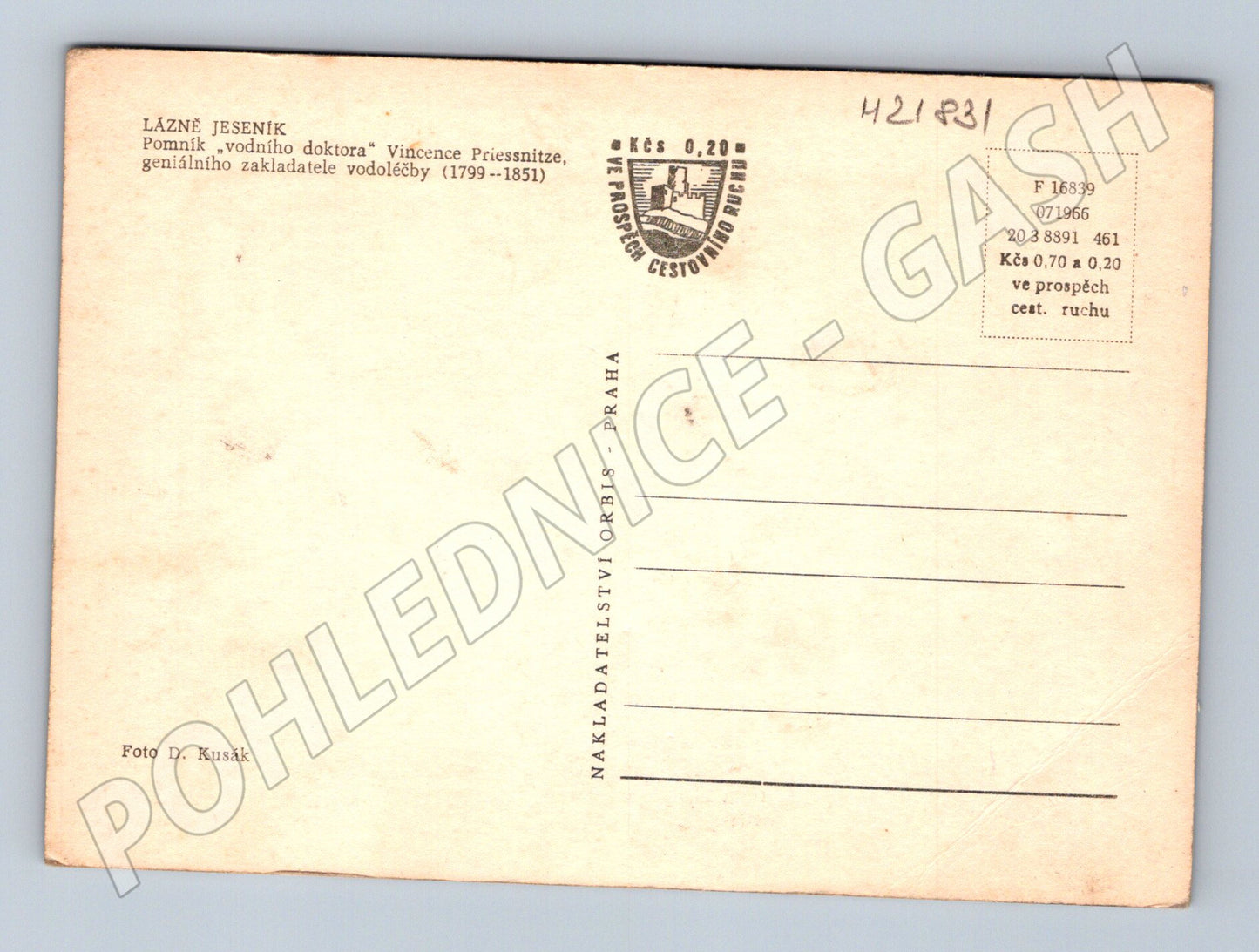 Pohlednice Lázně Jeseník pomník V. Priessnitze 1966 (M21831)