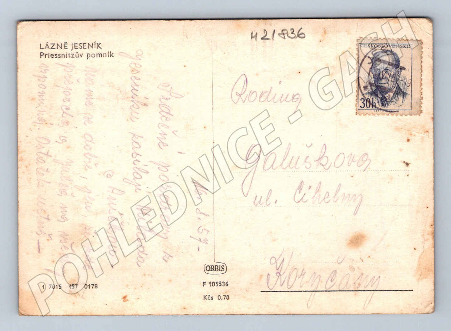 Pohlednice Lázně Jeseník Priessnitzův pomník 1957 (M21836)