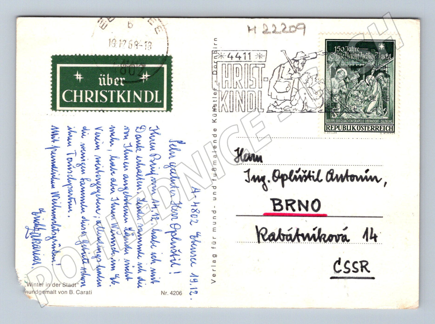 Pohlednice Rakousko Vánoce zimní motiv 1969 (M22209)