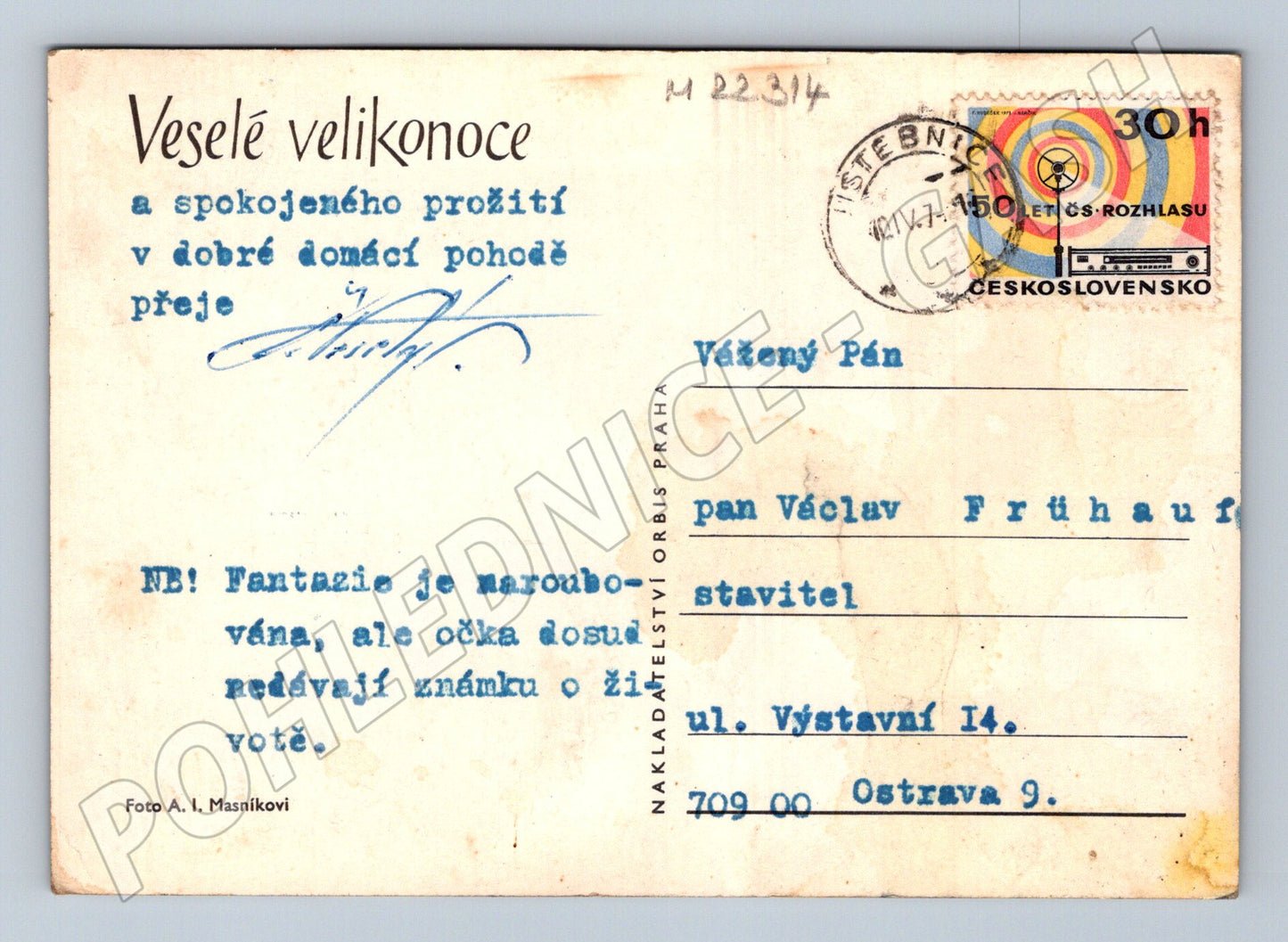 Pohlednice Velikonoce žluté narcisy a vejce 1973 (M22314)