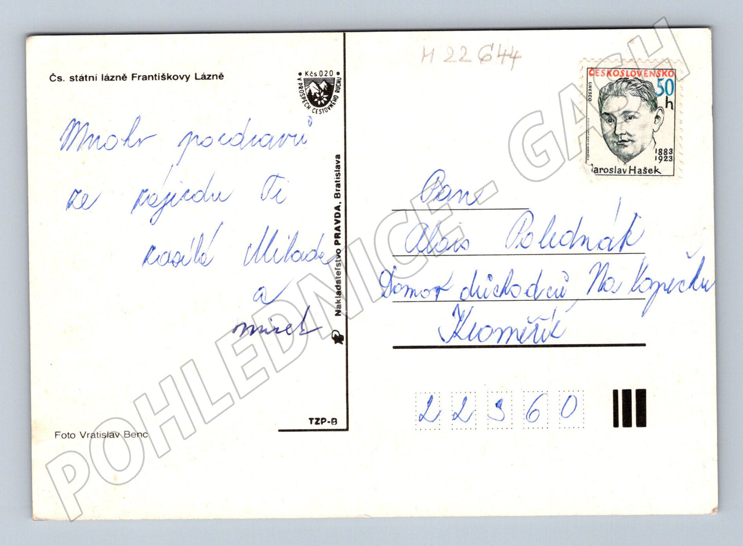 Pohlednice Františkovy Lázně socha a lázeňský dům 1960 (M22644)