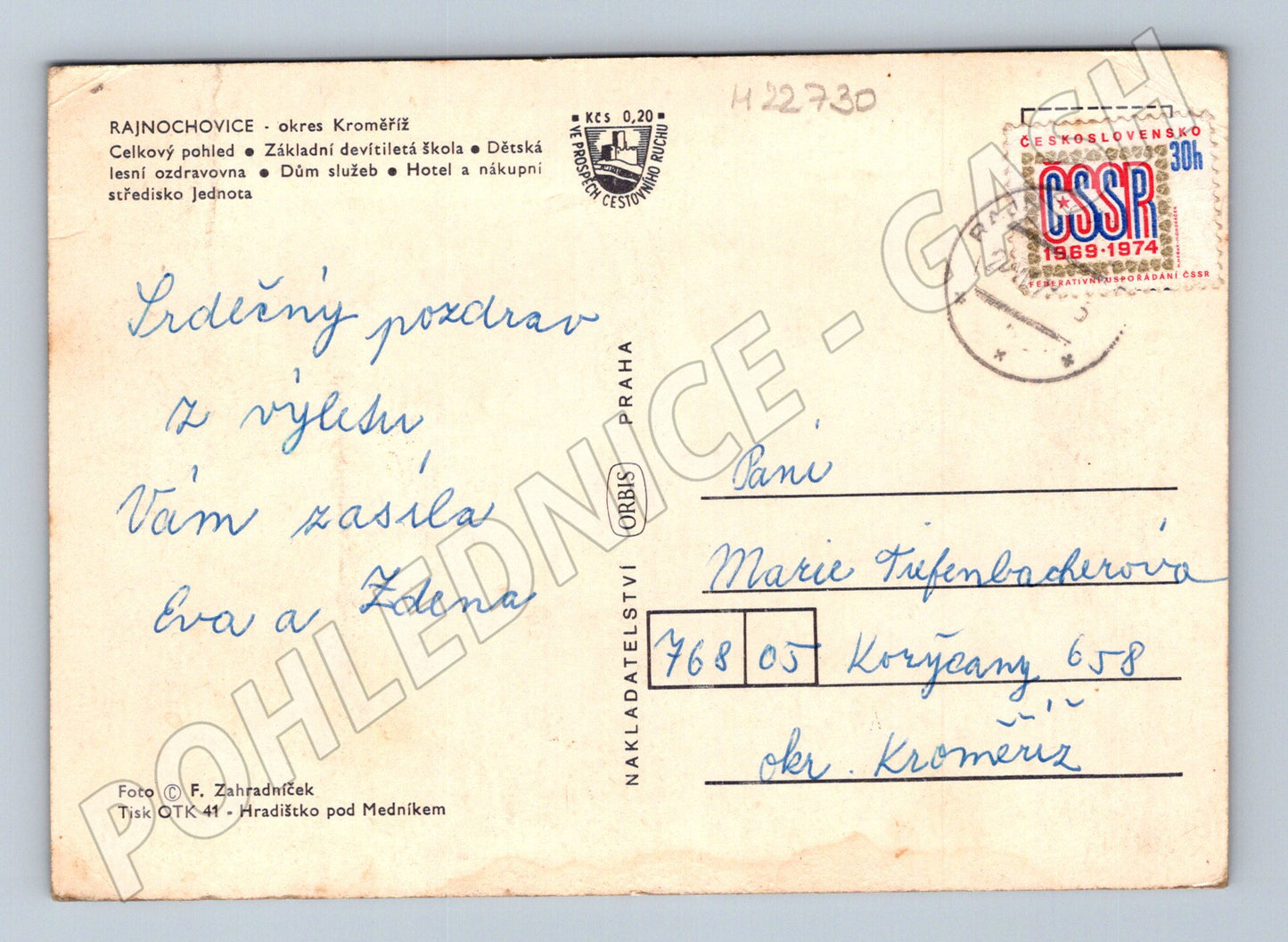 Pohlednice Hostýnské hory Rajnochovice 1969-1974 (M22730)