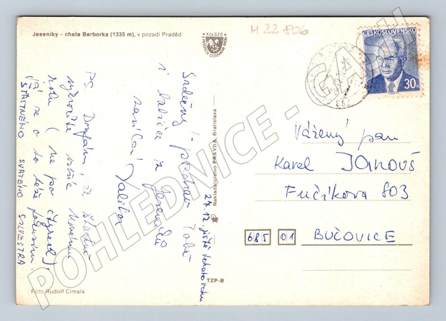 Pohlednice Jeseníky Barborka Praděd lyžaři 1979 (M22806)
