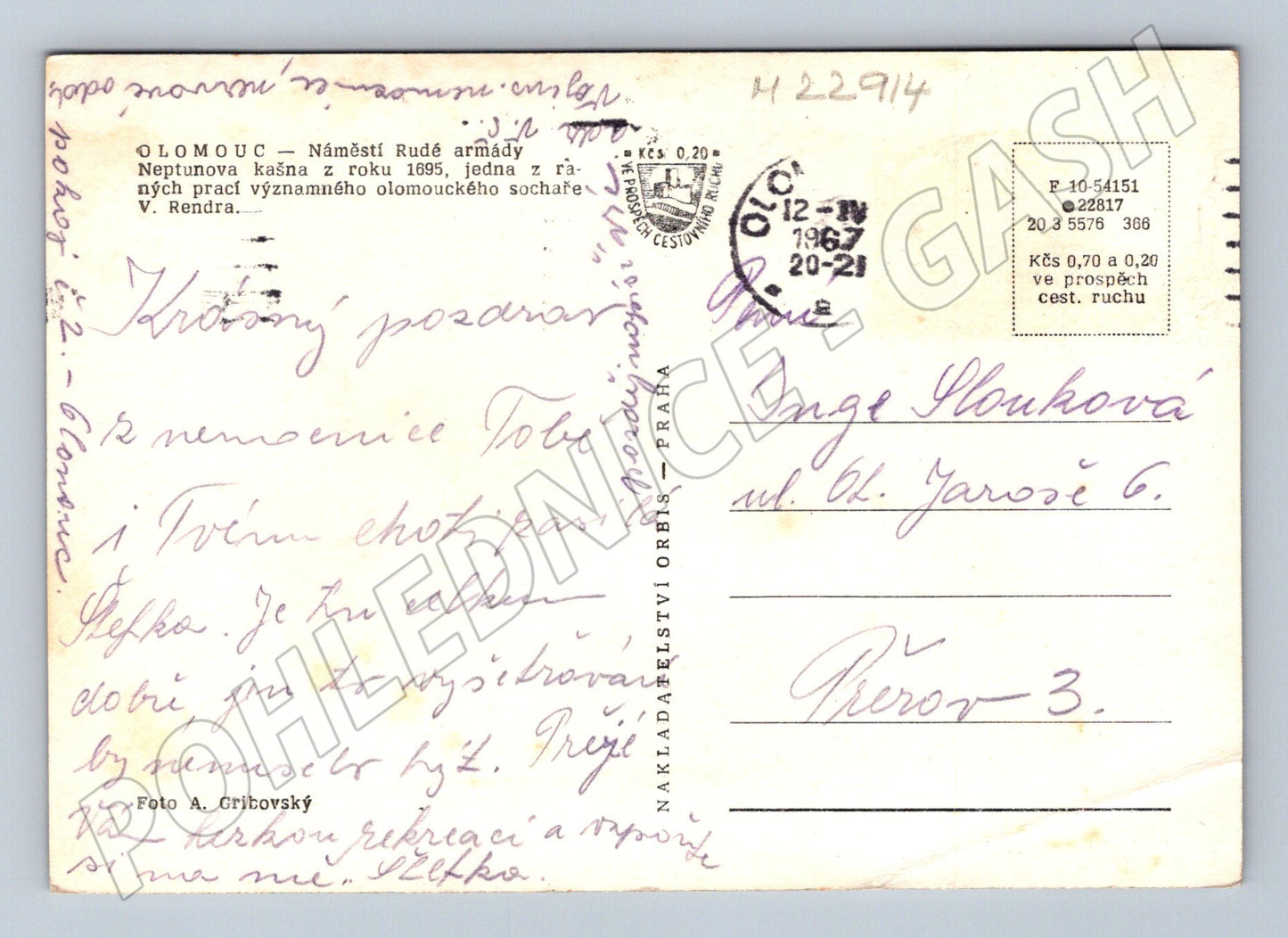 Pohlednice Olomouc Neptunova kašna 1967 (M22914)