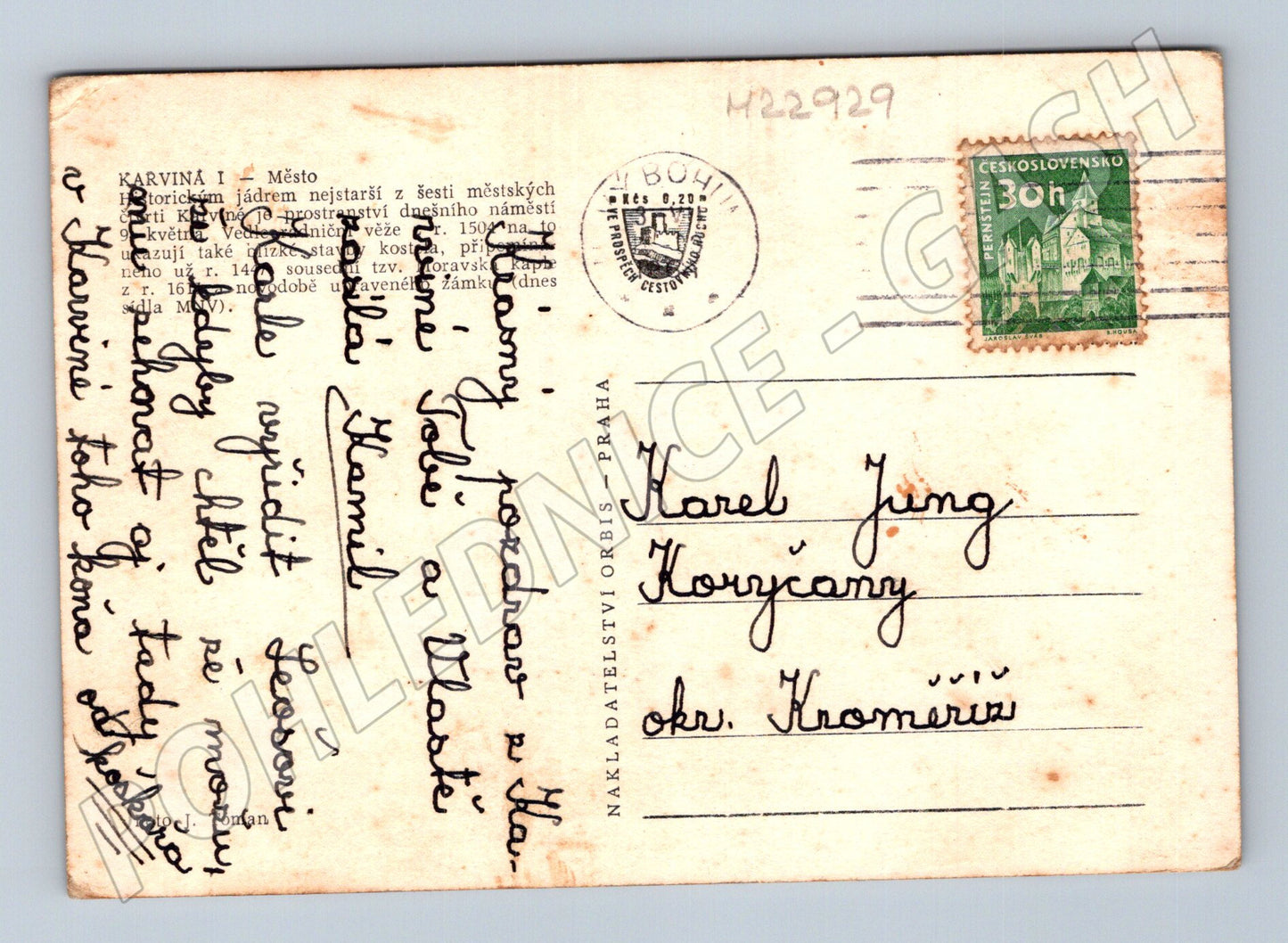 Pohlednice Karviná náměstí s kostelem 1950 (M22929)