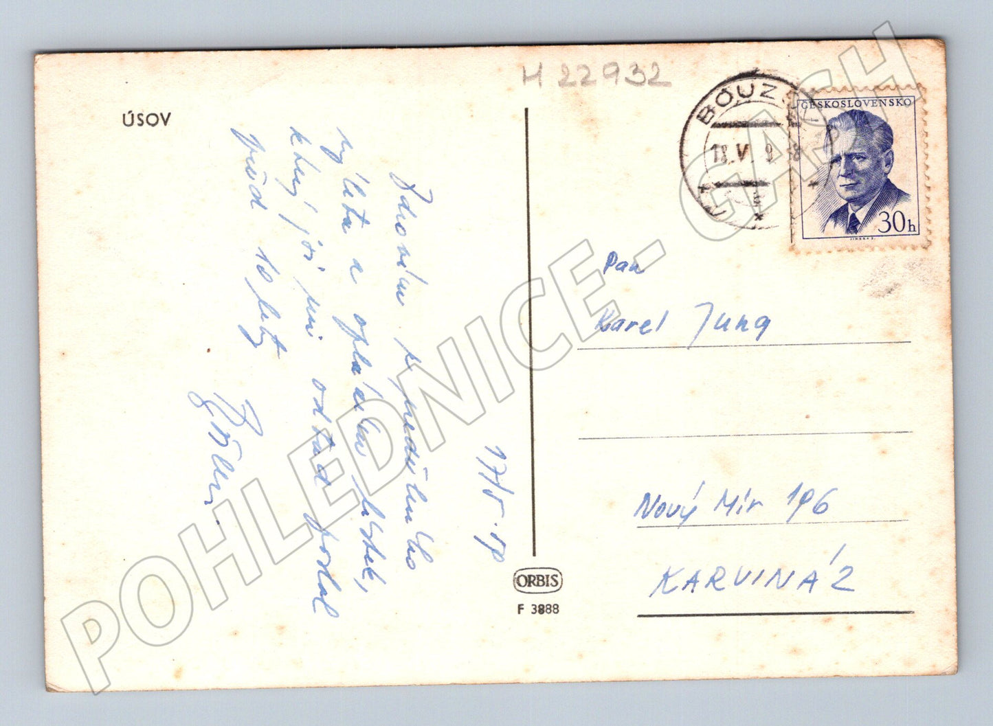 Pohlednice Úsov kostel a zástavba 1938 (M22932)