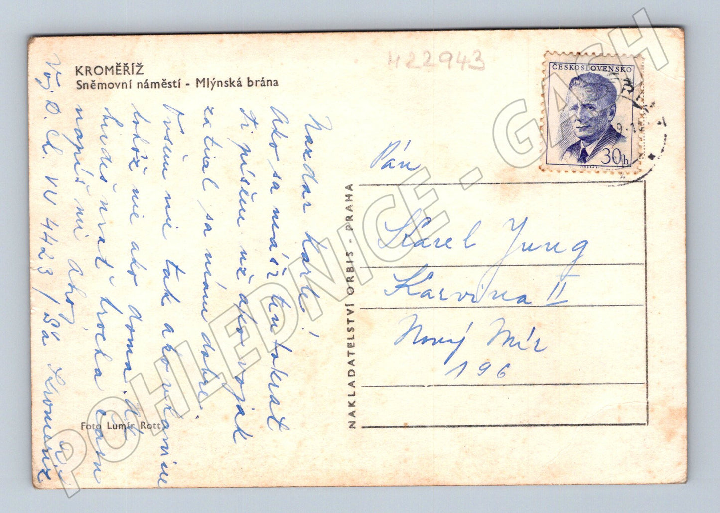 Pohlednice Kroměříž Sněmovní náměstí Mlýnská brána 1948 (M22943)