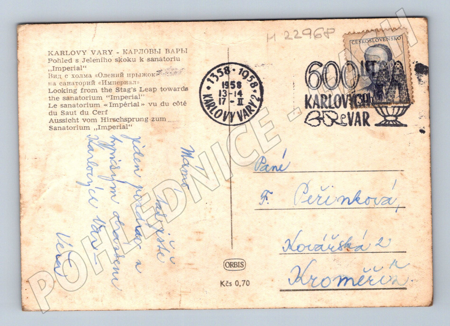 Pohlednice Karlovy Vary Jelení skok k Imperialu 1958 (M22968)