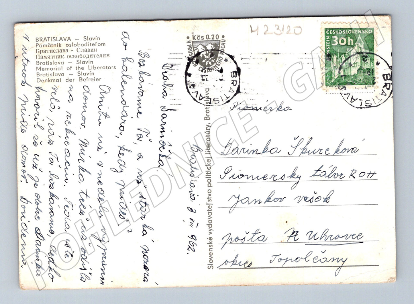 Pohlednice Slovensko Bratislava Slavín 1962 (M23120)