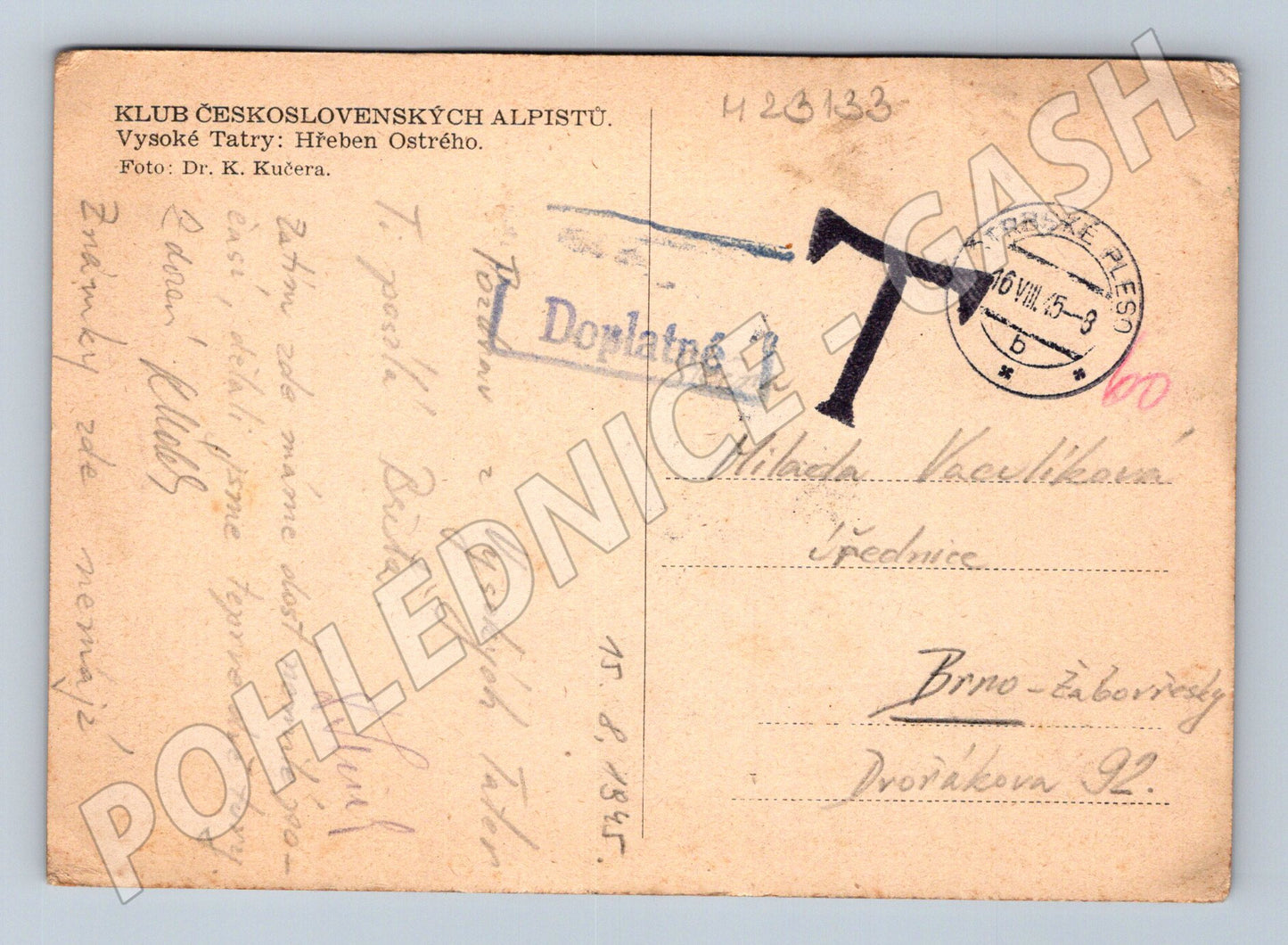 Pohlednice Slovensko Vysoké Tatry Hřeben Ostřeho 1945 (M23133)