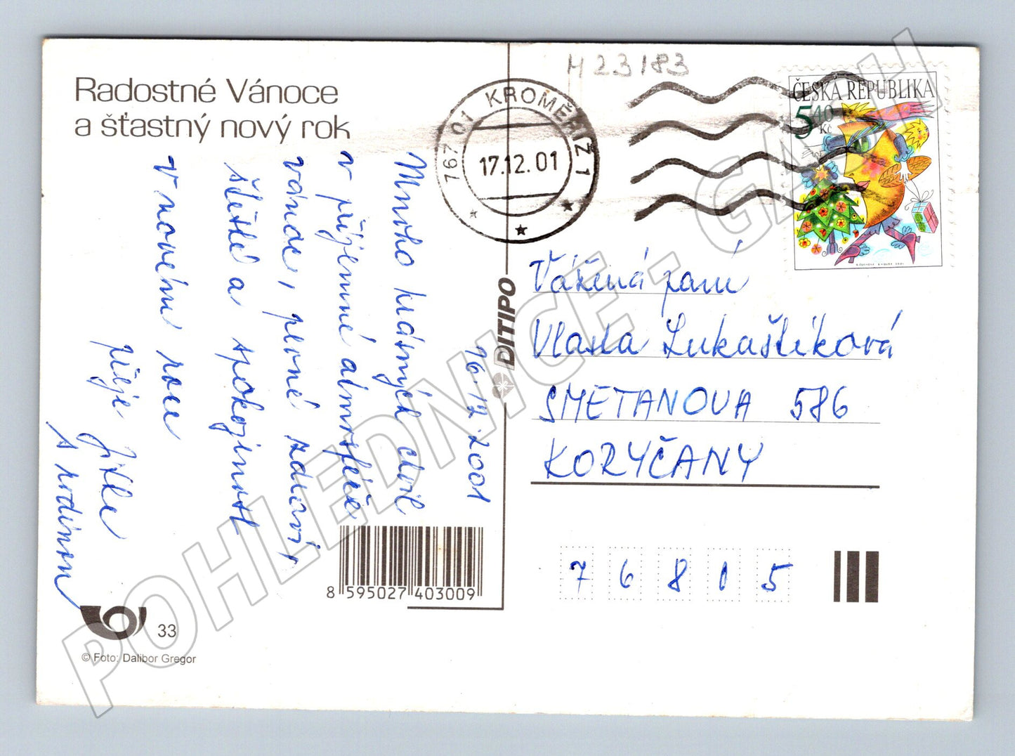 Pohlednice vánoční motiv svíčka ozdoby 2001 (M23183)