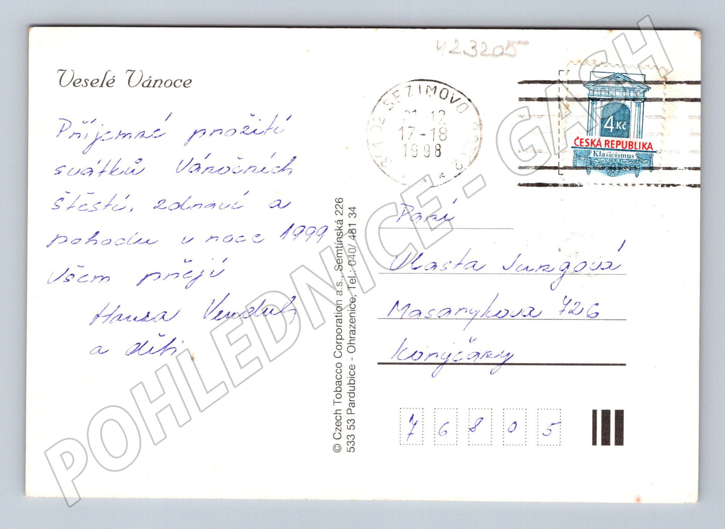 Pohlednice vánoční motiv děti na sáňkách 1999 (M23205)