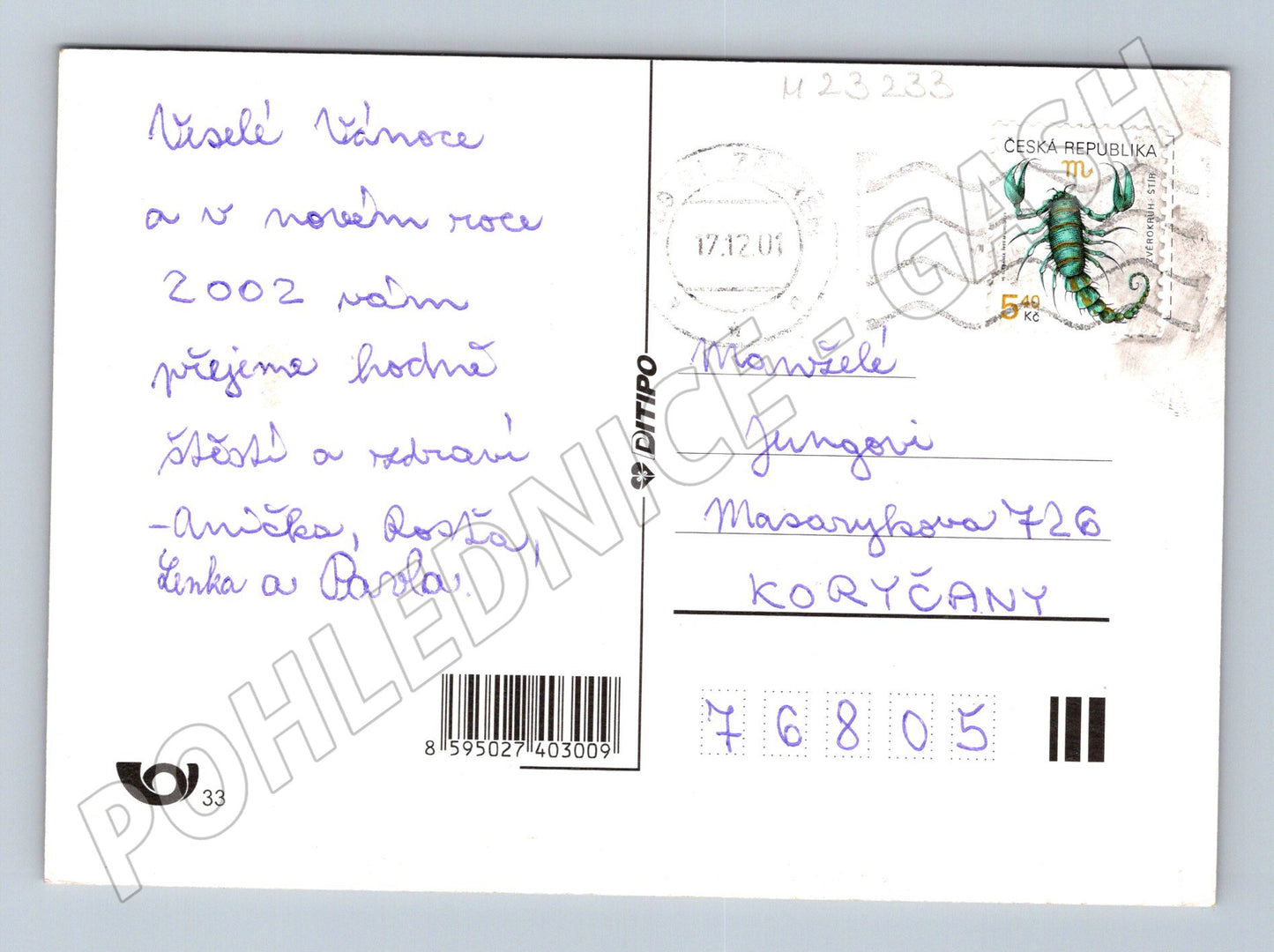 Pohlednice Vánoční/novoroční zasněžená vesnice 2001 (M23233)