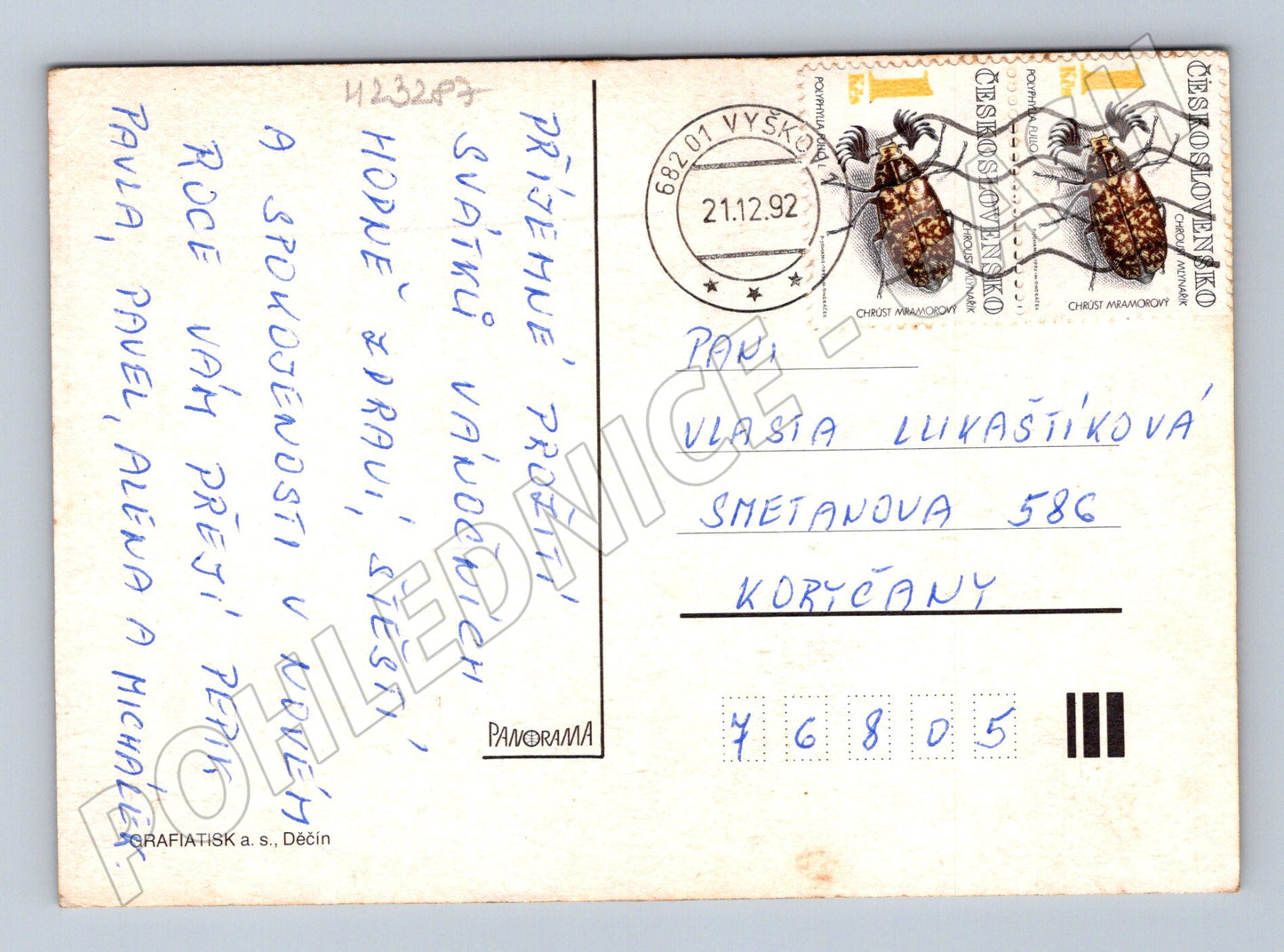 Pohlednice Vánoce jehličí sníh 1992 (M23287)