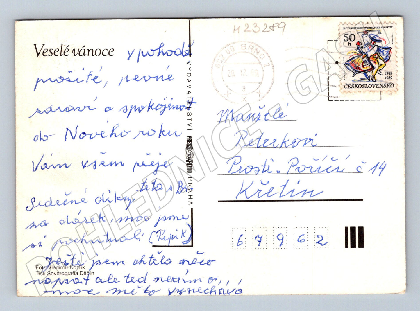 Pohlednice Vánoční motiv svíčka a jablka 1962 (M23289)