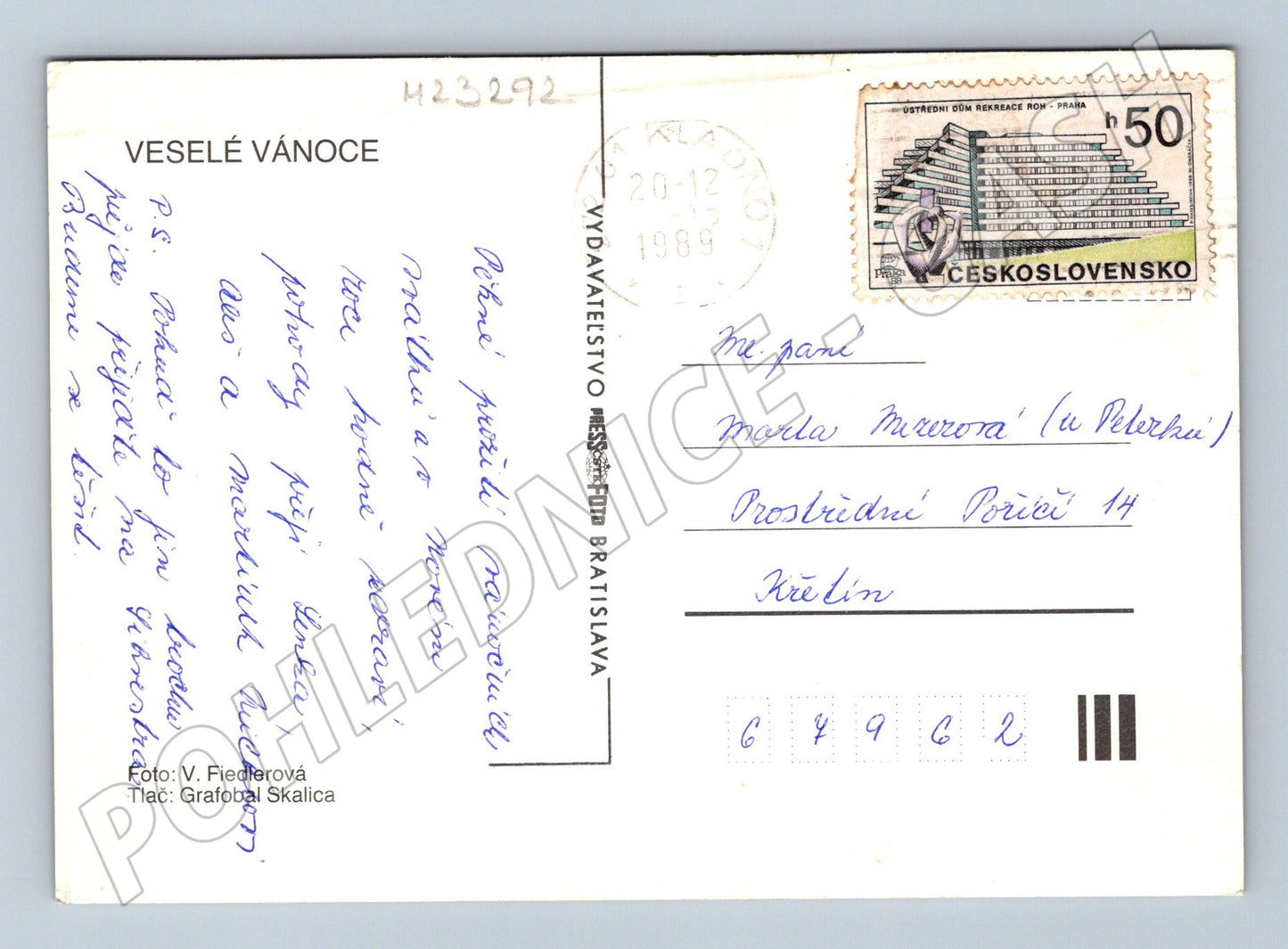 Pohlednice Vánoční motiv s dárkem a vánoční hvězdou 1989 (M23292)
