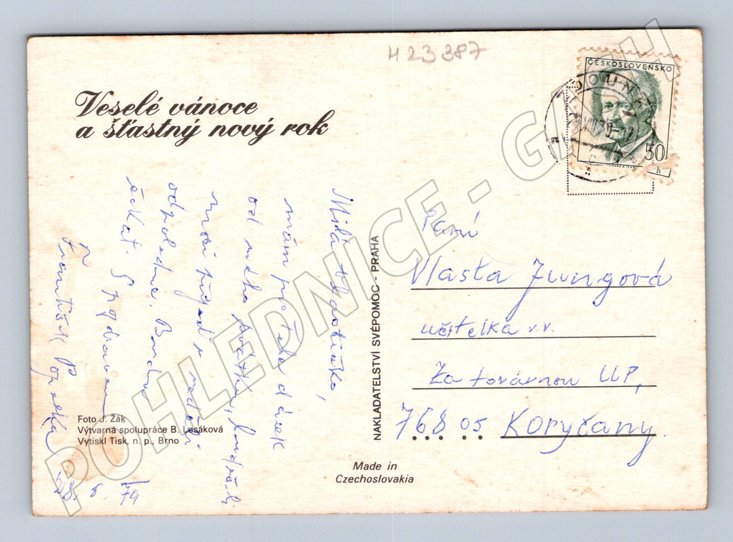 Pohlednice vánoční zátiší háčkované ovoce 1974 (M23387)