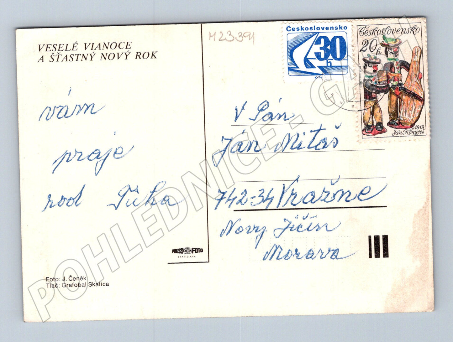 Pohlednice Vánoční motiv figurky hodiny 1969 (M23391)
