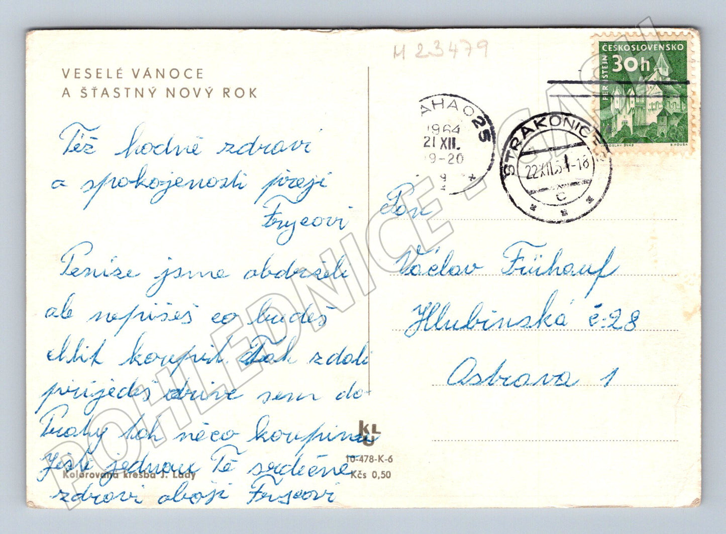 Pohlednice Vánoce Jos. Lada zimní scéna s koňmi 1955 (M23479)