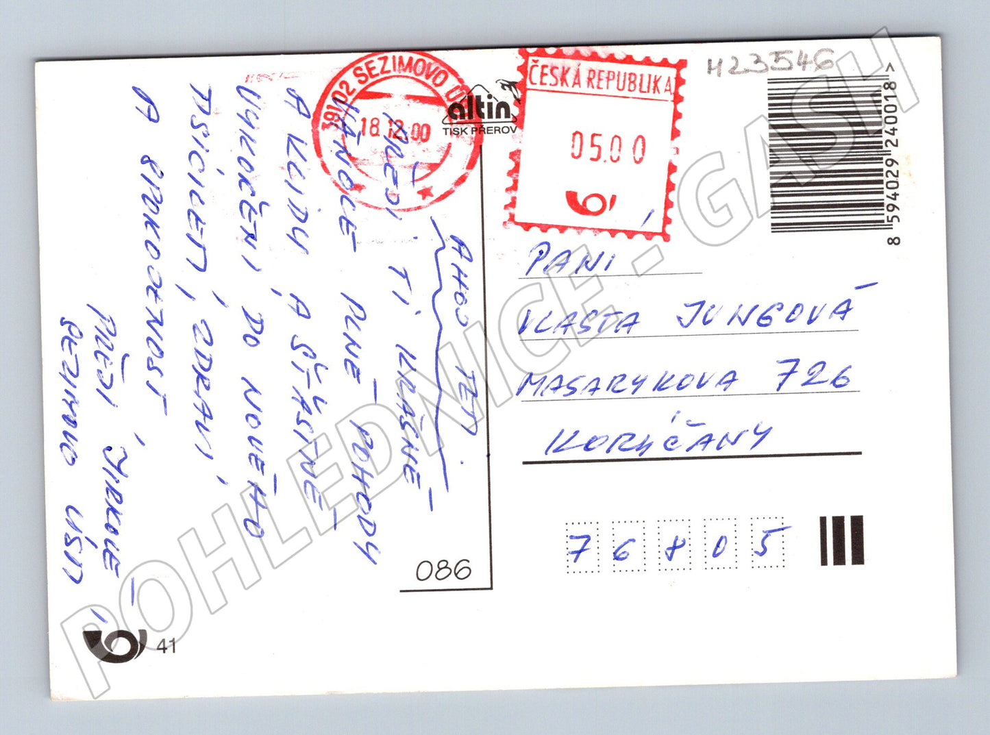Pohlednice Sezimovo Ústí vánoční motiv 2000 (M23546)