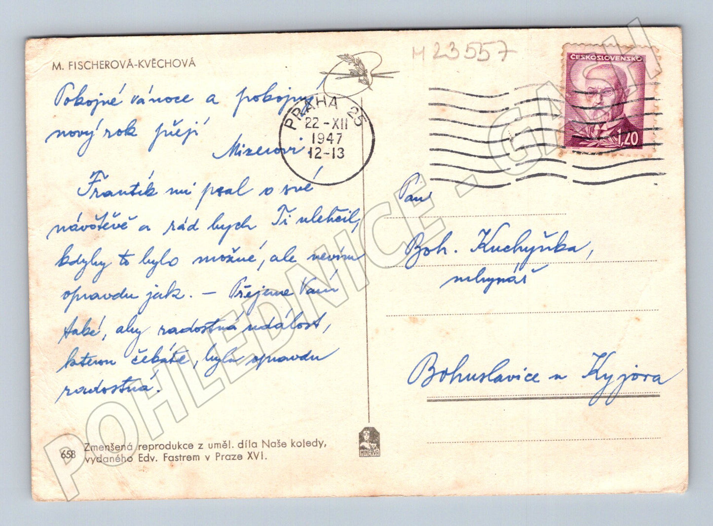 Pohlednice vánoční anděl se srnkou 1947 (M23557)
